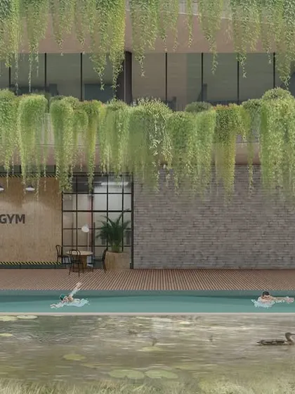 The design for the gym and swimming pool area, which is fronted by a natural bio-pond. This integration of leisure facilities with natural water bodies is a key part of the biophilic design.