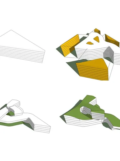 Terraced and peeled 3/8… diagrams showing a triangular form being carved and layered to create public spaces.