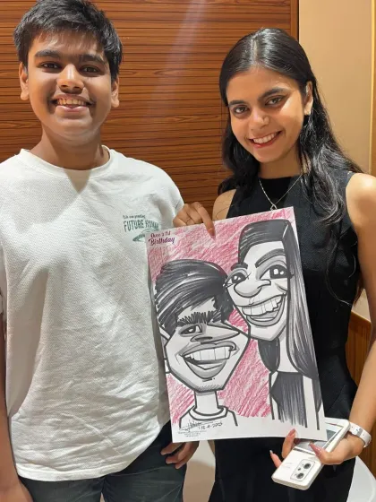 A brother and sister duo with their fun couple caricature. A great memory from a family party.