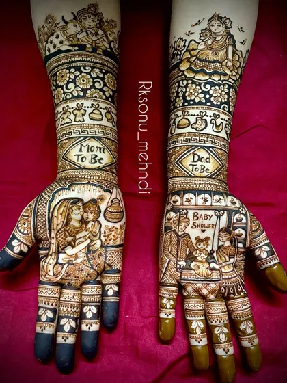 Celebrating the wonderful journey to motherhood with this full baby shower mehndi. I included portraits of the 'Mom To Be' and 'Dad To Be', along with sweet baby motifs and blessings, making it a beautiful keepsake of this special time.