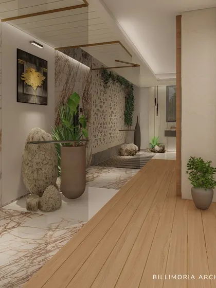 This bathroom design brings the outdoors in with a combination of wood flooring, stone-patterned marble, and a variety of indoor plants. The open layout creates a seamless flow between different zones.