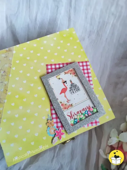 Another angle of the yellow heart-patterned box, showing the gingham and floral paper details I used to decorate the lid.