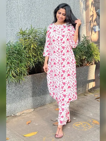 Effortlessly cool and breezy. This white and pink floral kurta co-ord set is your ultimate summer vibe.
