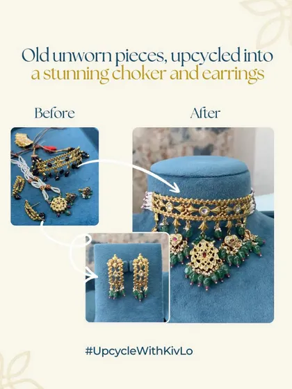 Old, unworn bits and pieces came together to create this stunning choker and earrings. We combined different elements, added kundan and emeralds, and gave them a new life as a regal set.