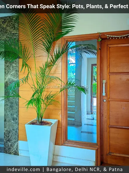This entryway shows how a single, well-placed planter can elevate a space. The tall, sleek white planter with a vibrant palm adds a touch of modern elegance next to the wooden door and marble-clad elevator.