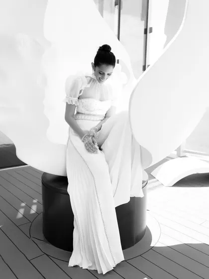 The full silhouette of the Sabina Bilenko outfit. It's a modern, fashion-forward take on evening wear that felt completely unique.
