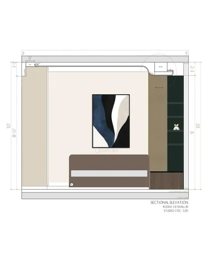 This sectional drawing focuses on the bedroom wall, detailing the headboard design, integrated side storage, and artwork placement. Every element is carefully considered and documented.