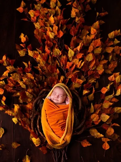 A close-up of a newborn's sweet, smiling face, wrapped snugly in an orange swaddle against a backdrop of autumn leaves. This shot focuses on the pure, peaceful expression of a sleeping baby.