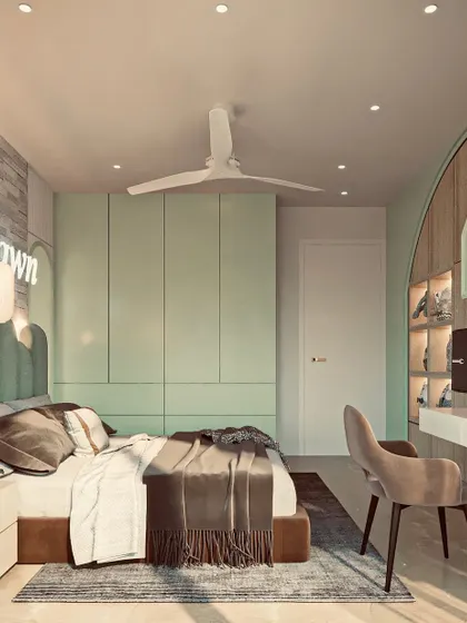 Another view of the pastel green kids' room, highlighting the custom headboard with a neon sign. The design combines different textures like exposed brick and smooth panels for a cool, modern look.