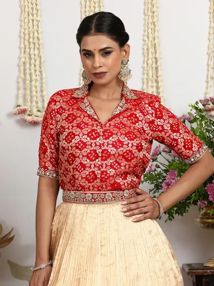 The collared red blouse offers a unique, contemporary twist on traditional bridal wear, perfect for a reception or sangeet.
