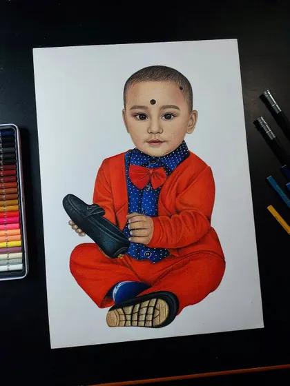 A very cute commission of a baby boy in a bright red suit. I used colour pencils on A4 paper to capture his adorable expression and colourful outfit.
