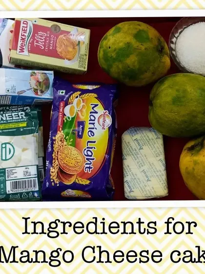 Here are all the ingredients laid out for our no-bake mango cheesecake. This activity introduces concepts like measuring, following steps, and seeing how different ingredients combine to create something new.