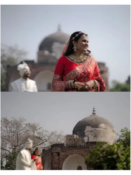 A diptych showing the couple at their historic wedding location, capturing both a close-up of the radiant bride and a wider shot of them together.