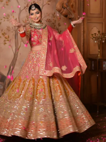 A happy, twirling shot that shows the joy of the moment. The makeup is designed to be flawless and long-lasting, even through all the dancing and celebrations.