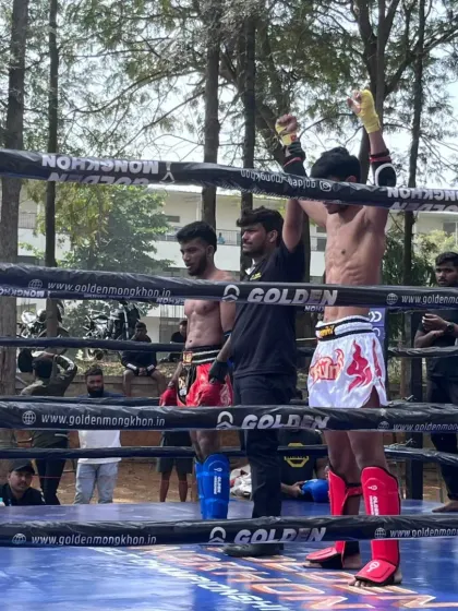 The referee raises our fighter's hand in victory. A proud moment for Chandan and the entire Bengaluru MMA team.