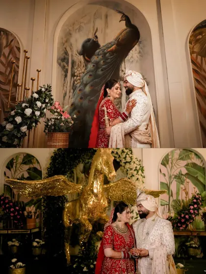 A collage showcasing the couple against the opulent and artistic decor of their wedding, featuring peacock and Pegasus statues.