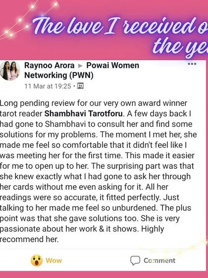 A review from a client who felt an instant sense of comfort, as if meeting an old friend. She notes the surprising accuracy of the cards, which knew her questions before she asked.