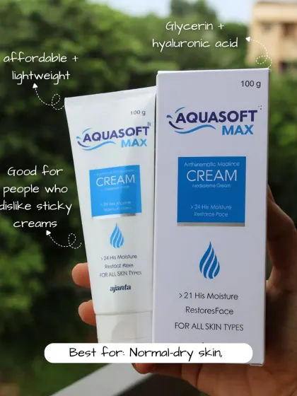 If you have normal to dry skin and dislike heavy or sticky creams, a lightweight formula is a great choice. Aquasoft Max is an affordable option that uses glycerin and hyaluronic acid to provide moisture without feeling greasy.