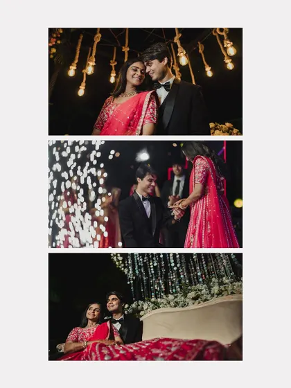 A collage of romantic moments from a reception, from the couple's entry to quiet moments together under the magical lights.