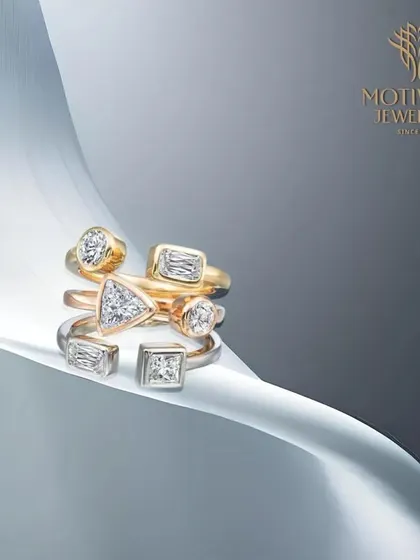 A playful and modern collection of stackable rings in various geometric shapes. These pieces can be mixed and matched to create a personalized look that is uniquely yours.