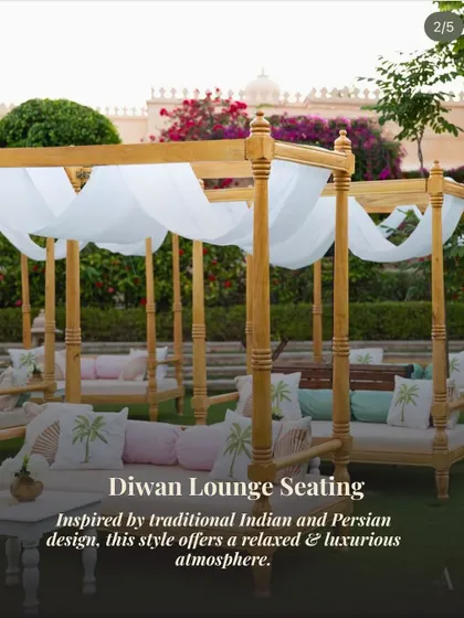 "Diwan Lounge Seating" offers a touch of traditional luxury. These canopied daybeds are perfect for creating a relaxed yet regal atmosphere for guests to mingle.