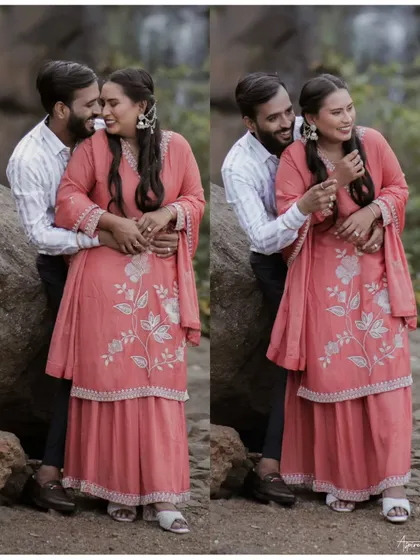 A diptych of two candid portraits of Prem and Jinal. Their genuine laughter and affectionate embrace in these shots perfectly capture their warm and loving connection.