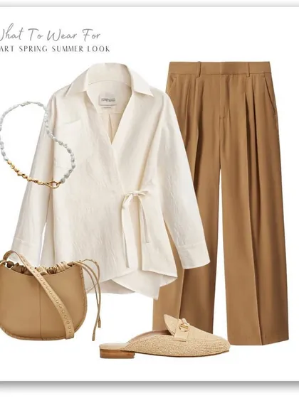 This is my idea of a smart spring and summer look. A lightweight wrap blouse paired with tailored tan trousers and raffia mules creates an outfit that is effortlessly chic and perfect for warmer weather.