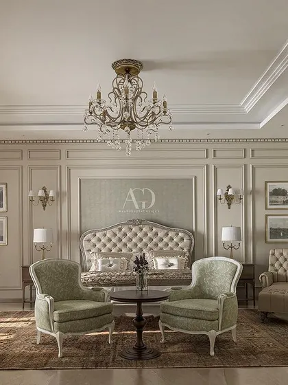 This beautiful villa bedroom I designed in the heart of Delhi exudes an elegant classical vibe. The room is spacious enough to include a full seating area and a writing desk, creating a truly multi-functional master suite.