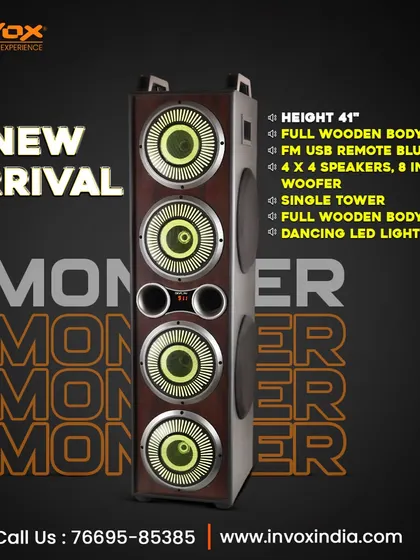 This new arrival is a 41-inch single tower with a full wooden body. It's equipped with two 8-inch woofers and dancing LED lights for a complete party setup.