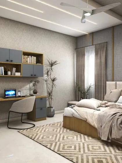 A closer look at the study area within the master bedroom. The setup includes overhead cabinets and a comfortable chair, creating a functional home office nook without compromising the room's serene atmosphere.