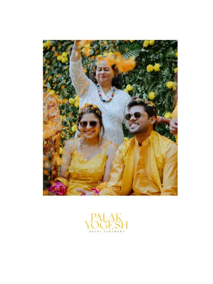 A collage celebrating the couple's Haldi ceremony, with a focus on their joyful interactions.
