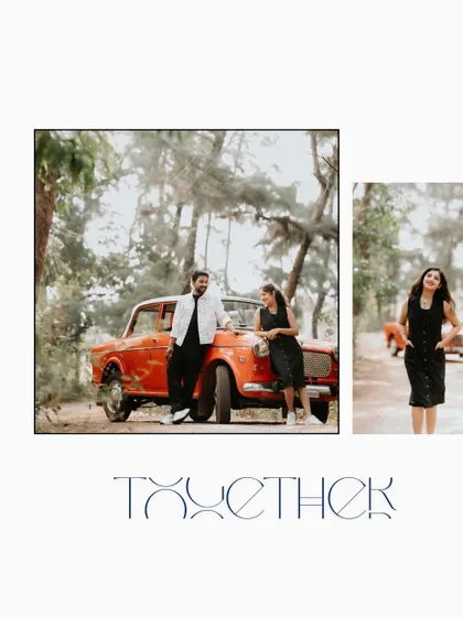 A simple and stylish graphic featuring the couple with their vintage car, perfect for a modern "save the date" announcement.