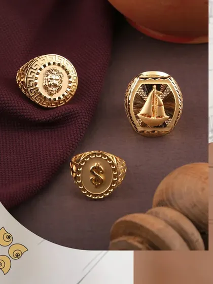 A collection of our statement gold rings for men. Featuring bold designs like a lion's head, a ship, and a dollar sign, these rings are crafted to appeal to a variety of tastes.