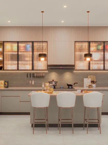 This is the kind of dream kitchen I can bring to life for you. This 3D design shows a spacious, modern kitchen with a central island and breakfast bar, perfect for family gatherings and entertaining. Notice the fluted glass cabinets and integrated lighting, details that add a touch of luxury.