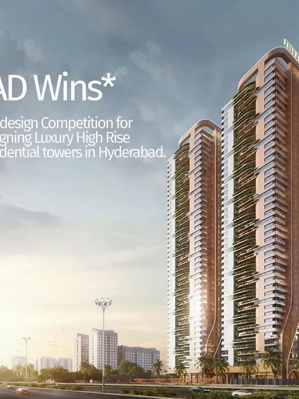 Renderings for a winning competition entry for 45-storey luxury residential towers in Hyderabad, showcasing a fluid design with terraced gardens and expansive views.