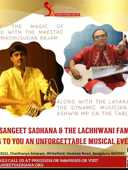 Our Gurus, Shri Madhusudan Rajam on sarod and Shri Ashwin MP on tabla, performing at a private musical evening. As ambassadors of Hindustani shastriya sangeet, we are honored to share the divine art form with appreciative audiences.