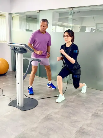 Manushi Chhillar executes a perfect lunge, showcasing the strength and balance she has built through consistent EMS training.