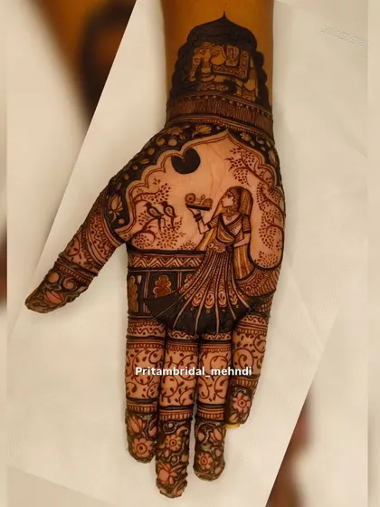 A Karwa Chauth special design featuring a woman looking at the moon through a sieve. The forearm includes a decorated elephant under a royal canopy.