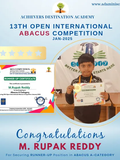 Congratulations to M. Rupak Reddy from Kurnool for securing a runner-up position in the Abacus A-Category. We are proud of you!