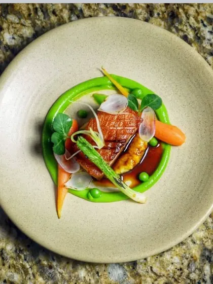A perfectly cooked piece of meat on a swirl of green pea puree, garnished with baby carrots and asparagus. A dish that looks like it belongs in a top restaurant.