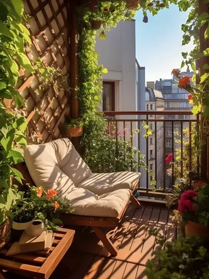 A cozy, sun-drenched balcony nook surrounded by climbing plants. The wooden deck chair is the perfect spot to enjoy a book and some fresh air.