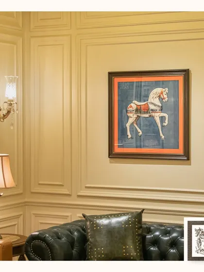 This contemporary horse painting adds a touch of modern artistry to a classic living room. The bold colors and expressive style make it a perfect statement piece above a sofa or in an office.