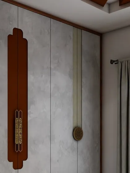 This angle shows the profile of the wardrobe and the elegant wood trim. The design is thoughtfully crafted from every viewpoint.