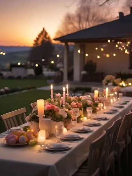 I can create a beautiful long-table setup for a backyard dinner party. As the sun sets, the combination of candlelight and floral centerpieces creates a truly magical and memorable atmosphere for your guests.