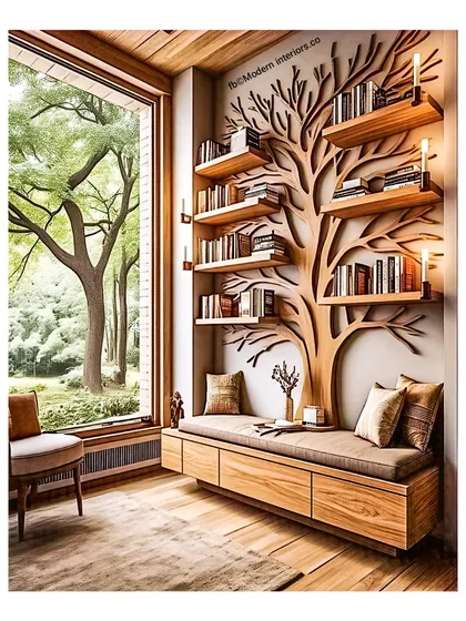 Another view of the magical tree-shaped bookshelf, showing how it creates an incredibly cozy and inviting reading corner.