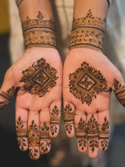 A simple and elegant geometric design. The diamond shape in the center of the palm is mirrored on both hands for a symmetrical look.