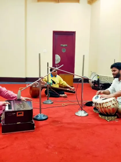 Another angle from my tabla solo recording at Akashvani. The studio is set up to capture the acoustic purity of the instruments for the radio broadcast.