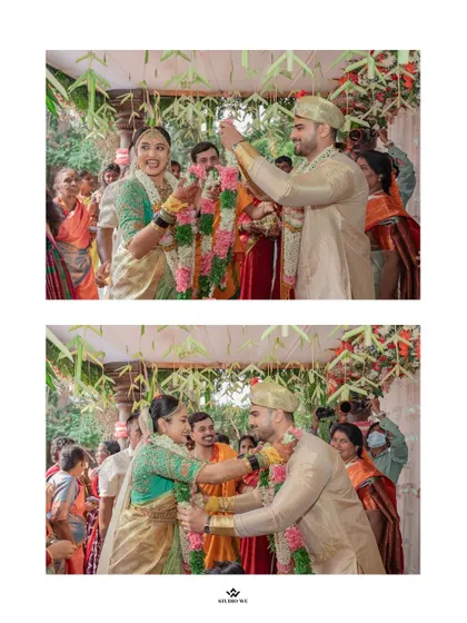 A collage of the couple during their wedding ceremony, showing their playful interactions and happy moments.