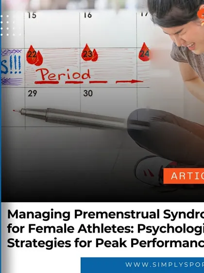 This article graphic introduces the topic of managing Premenstrual Syndrome (PMS) for female athletes. It uses a powerful image of a woman tracking her period on a calendar while experiencing discomfort, a relatable scenario for many.