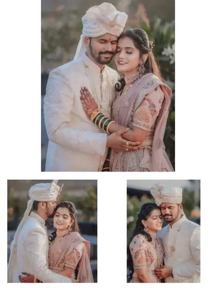 A collage of three romantic moments from an engagement session, capturing hugs, kisses, and loving gazes.